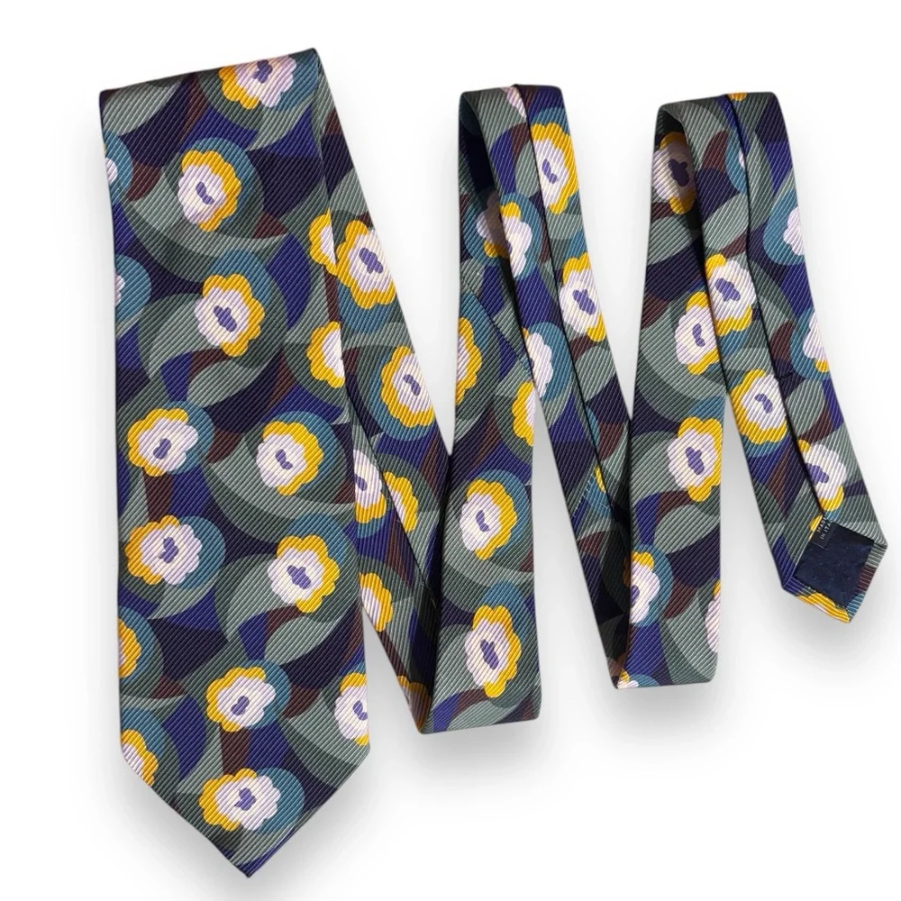 YSL Rive Gauche Purple Yellow Floral Ribbed Silk Tie